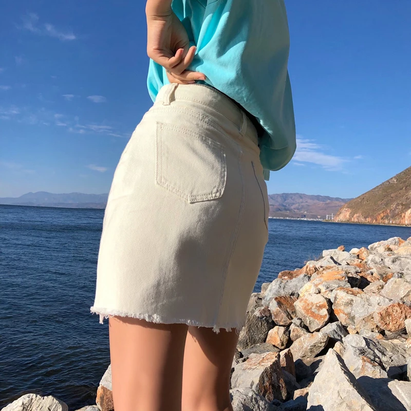 4 цвета, высокая талия, летняя женская джинсовая юбка с карманами, сексуальная однобортная женская джинсовая юбка с кисточками, мини-юбка-карандаш, saia mujer