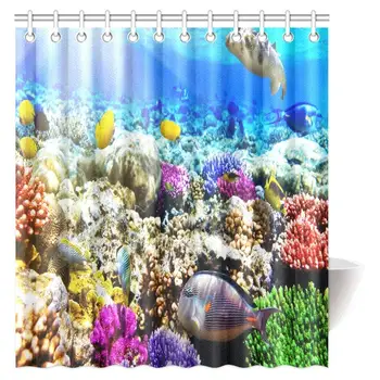 

Underwater Decor Shower Curtain, Coral Reef with Colorful Fish Ocean Life Marine Creatures Tropical Kids Bathroom Shower Curtain
