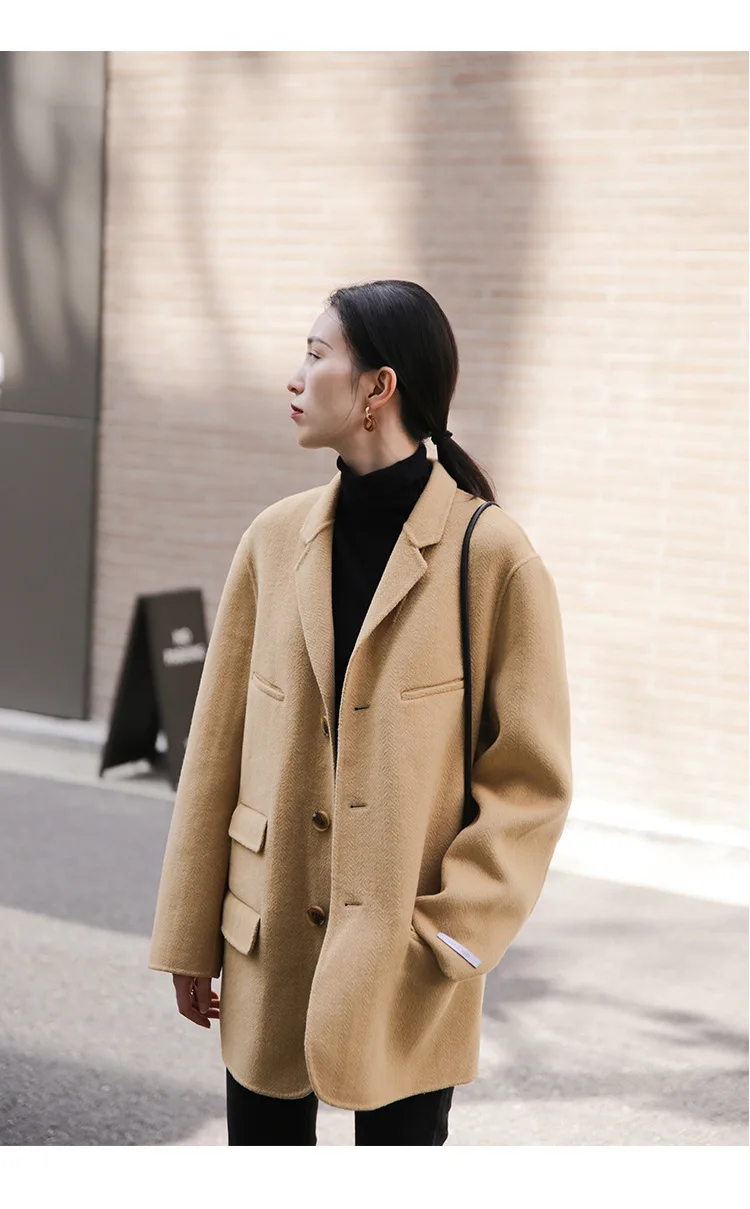 autumn and winter suit collar woolen coat female retro solid color handmade double-sided woolen coat