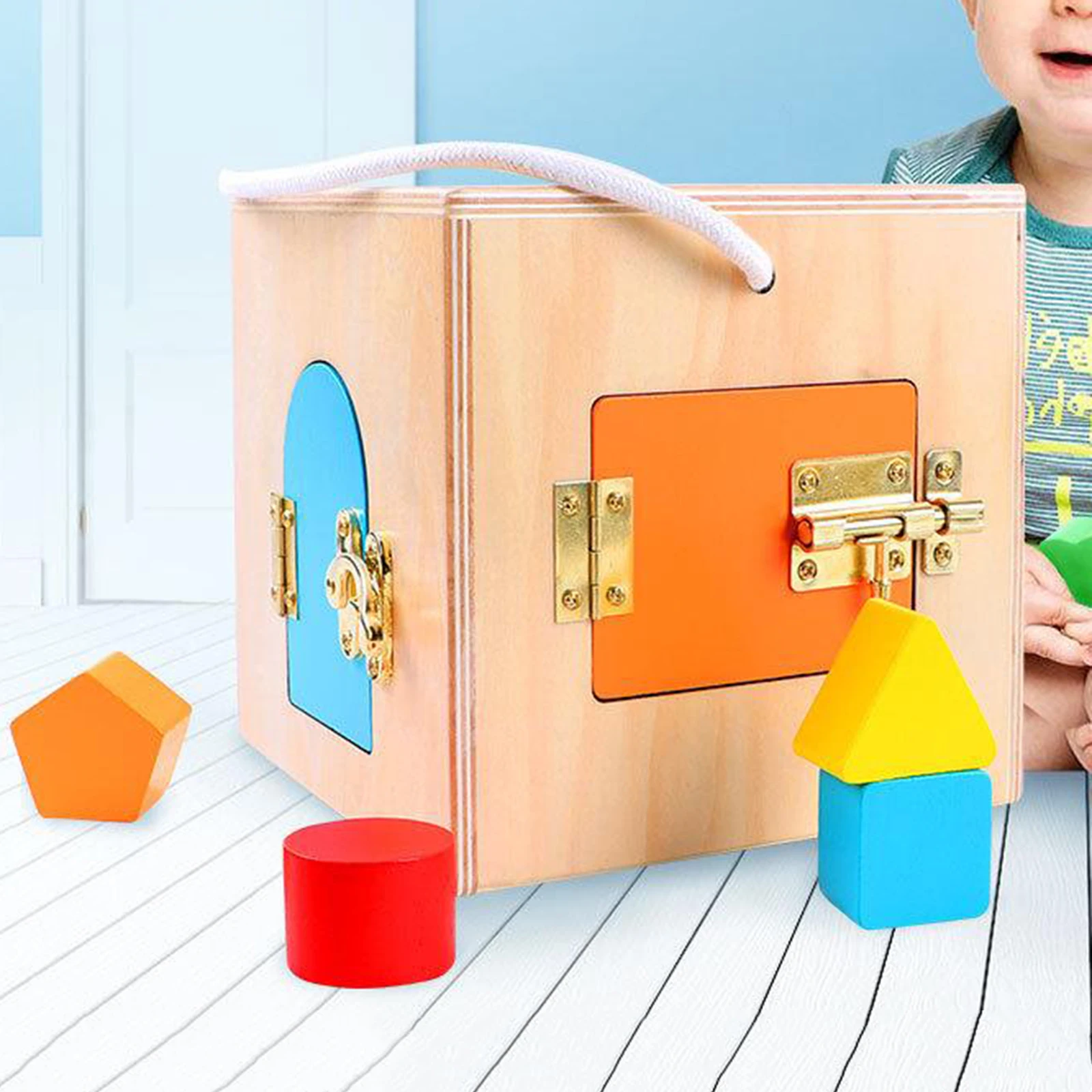 Wooden Lock Box 4 Different Locks Mechanisms Puzzle Game Matching Game for Toddler Kids
