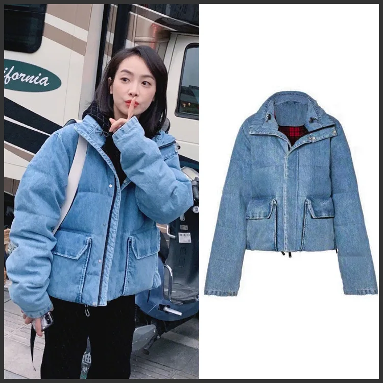

2019 Winter Victoria Song Celebrity Style Cowboy Cotton Overcoat Korean-style Casual Versatile Washing Water down Coat