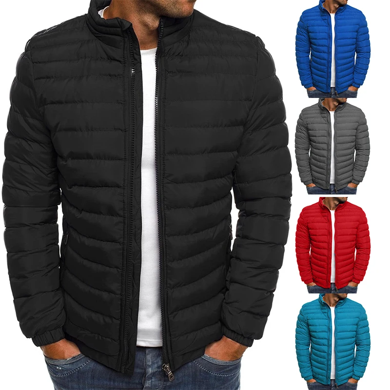 

Men's Thicken Parka Coats 2019 Winter Warm Solid Color Stand Collar Jackets Slim Outerwear Turtleneck Striped Casaco Masculino