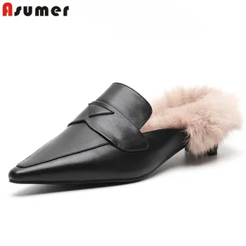 

Asumer 2020 hot genuine leather shoes women pumps pointed toe natural fur autumn winter shoes party wedding shoes ladies mules