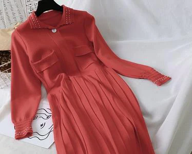 red length 90cm Sanishroly, осенне-зимнее женское длинное платье-свитер, ТРАПЕЦИЕВИДНОЕ вязаное платье, женское Плиссированное Платье-рубашка с длинным рукавом, Vestidos SE834 - Цвет: red length 90cm