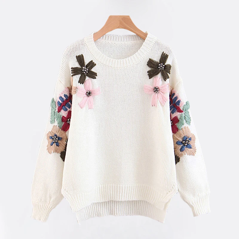 

Autumn 2019 Embroidery Floral Gray Knitted Pullovers Women O Neck Long Sleeve Streetwear Sweaters Pull Femme Jumpers