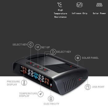 

Car Tire Pressure Monitoring System Solar Power Wireless Smart TPMS Real-time Displays B88