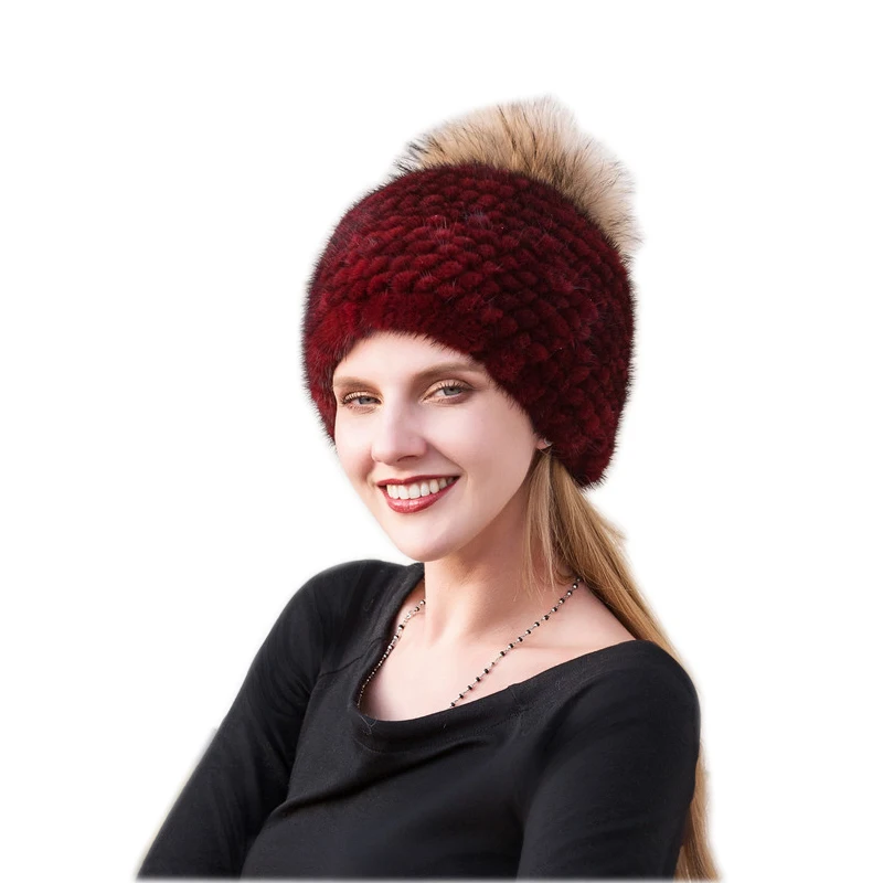 

New fashion good quality caps winter fur hat for Russian women real rex rabbit fur hat with fox fur pom poms fur knitted beanies