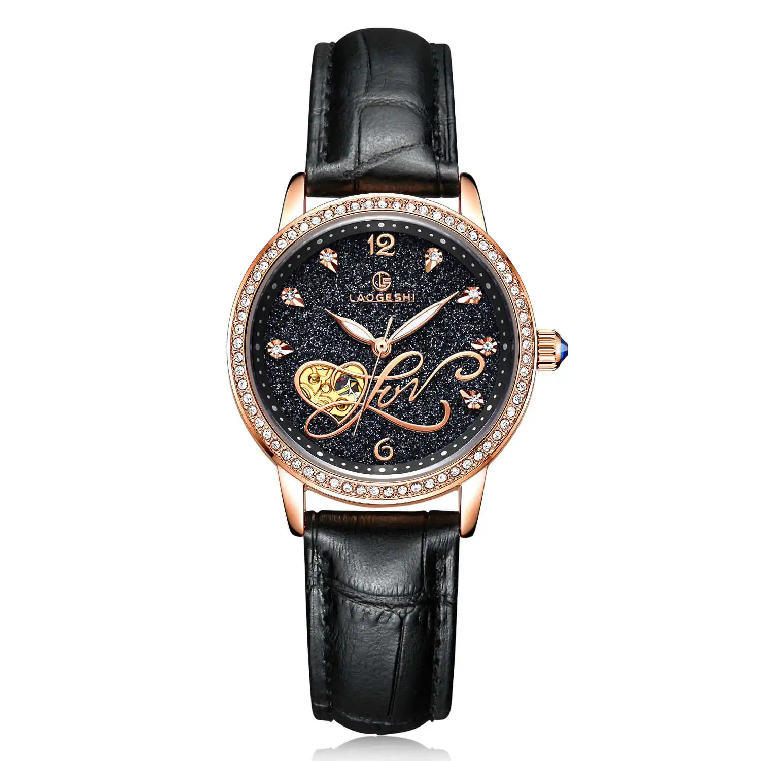 LAOGESHI женские часы Механические Роскошные Алмазные водонепроницаемые наручные часы со звездным небом модные женские часы золотые Relogio Feminino - Цвет: black gold
