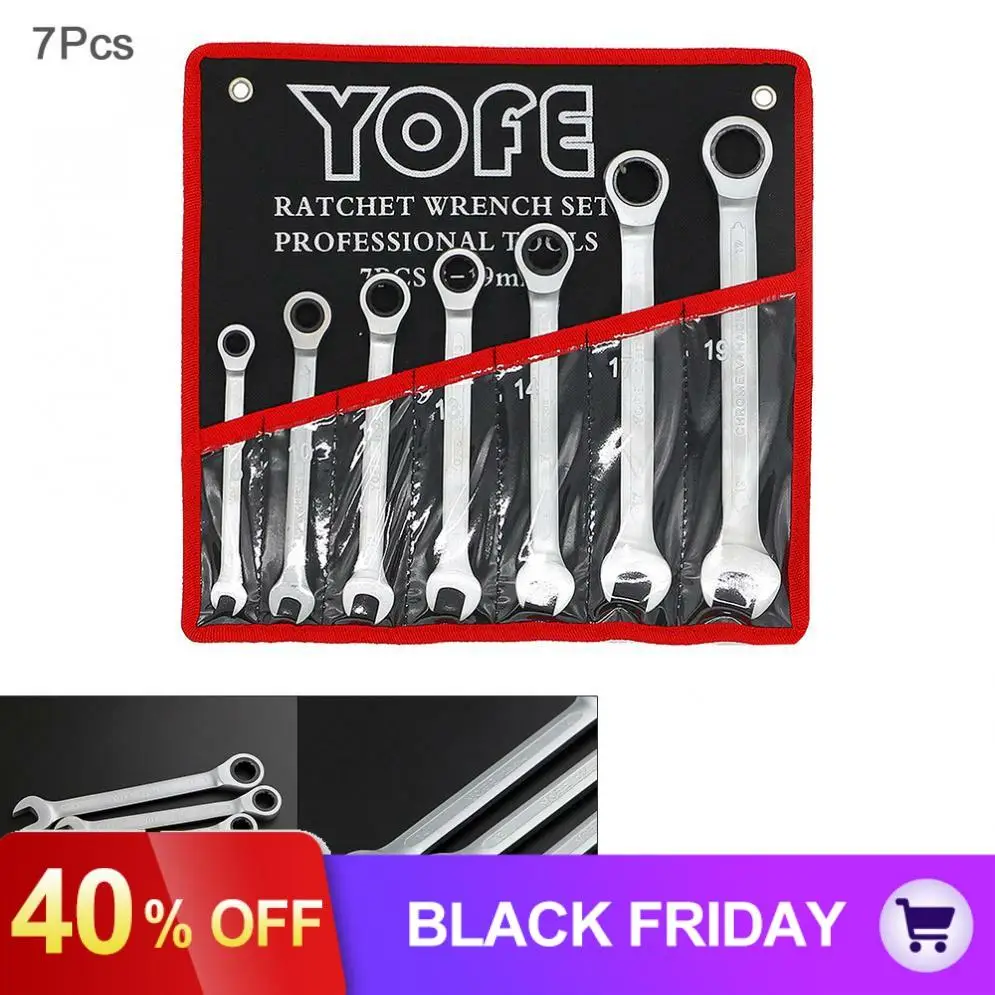 7pcs/set Fixed Head Ratchet Wrench Set 8mm-19mm CRV Ratchet Spanner Combination Wrench Hardware Tools with Cloth Bag