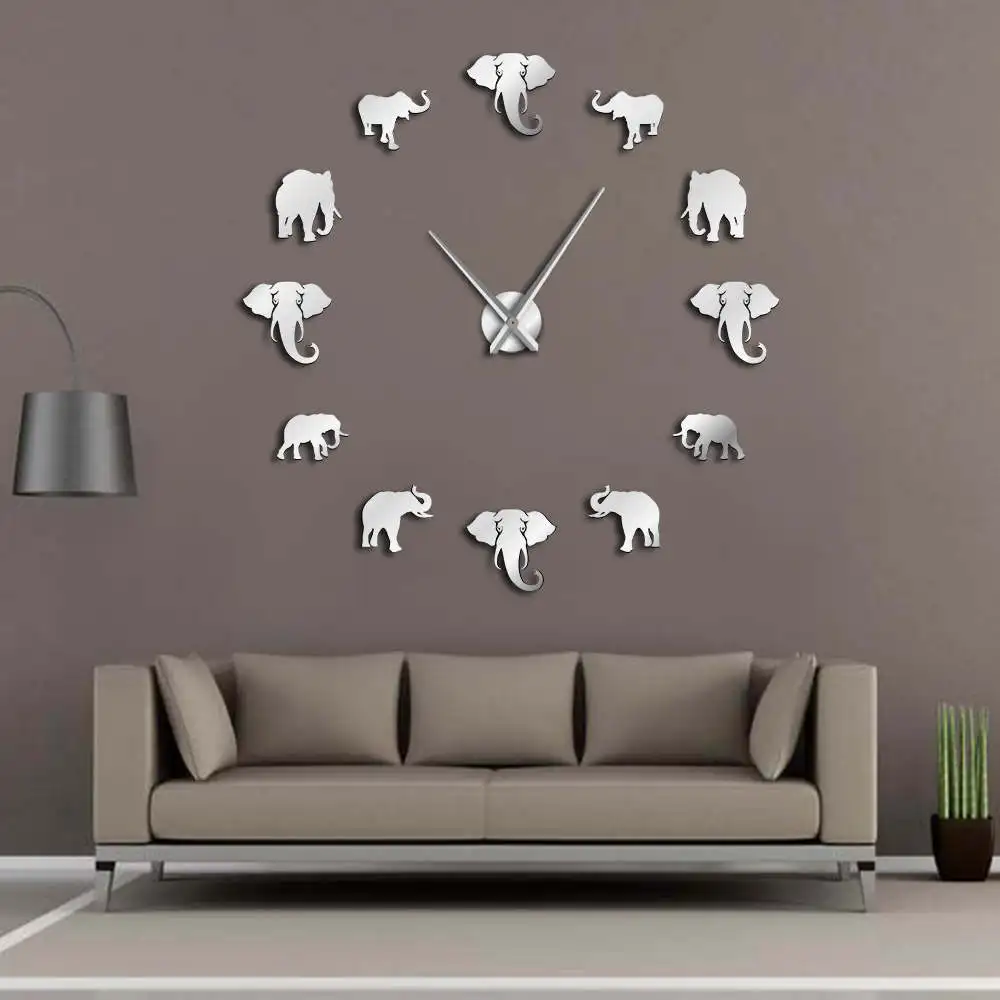 Большие настенные часы джунгли Животные Слон DIY домашний Декор современный дизайн зеркальный эффект гигантские бескаркасные Слоны DIY часы