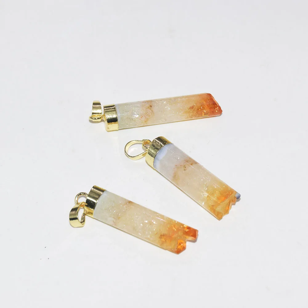 

Raw Yellow Crystal Quartz cylinder druzy stone pendant women Boho Gold Cap natural column geode druzy citrines pendant women