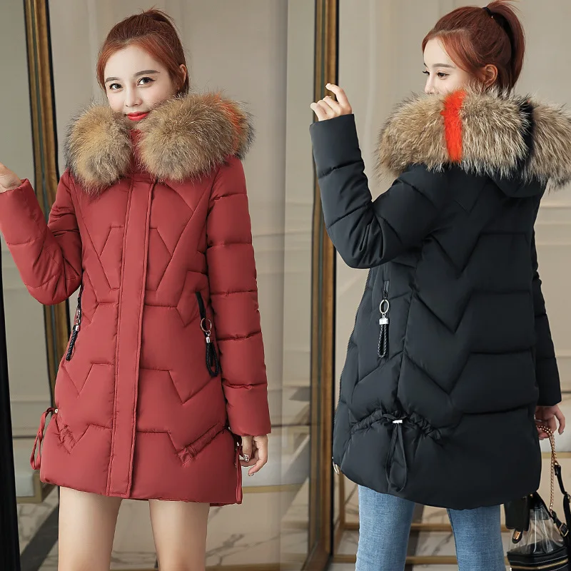 

Down Feather Cotton-padded Clothes Women's 2018 New Style Winter Korean-style Mid-length Hooded Large Fur Collar down Coat Thick