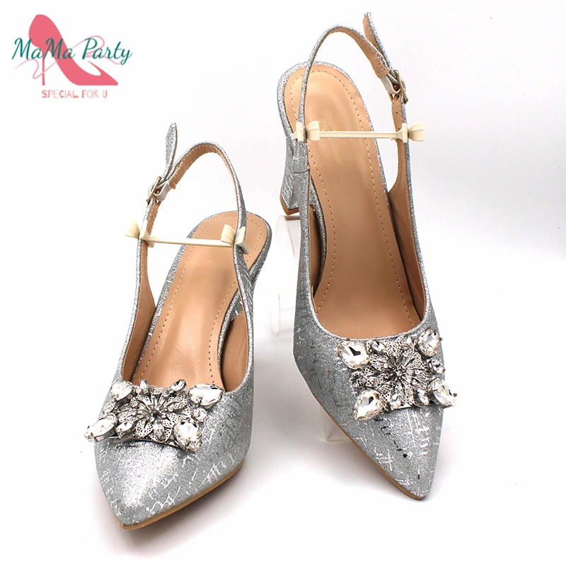 Silver color mature style office lady african women shoes and bag set italian ladies matching
