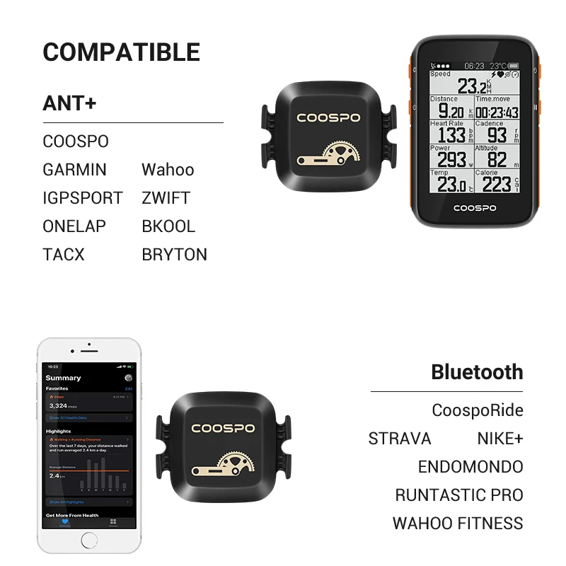 COOSPO Sensor de velocidad de cadencia para ciclismo, sensor inalámbrico  Bluetooth ANT+ de RPM de bicicleta para computadoras de ciclismo, sensor de