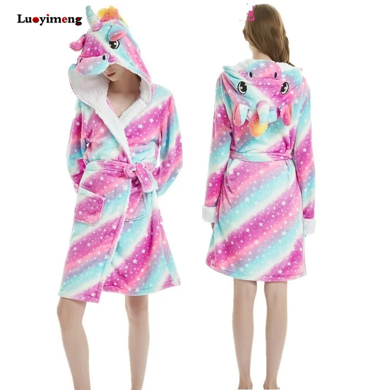 Adults Winter Coral Velvet Hooded Unicorn Robe Women Flannel Dressing Gown Panda Stitch Animal Bath Robes Men's Long Bathrobes