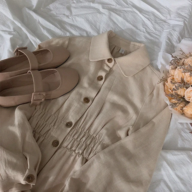 Винтажные платья, длинный осенне-зимний основной гардероб, женское приталенное платье-рубашка на пуговицах бежевого и коричневого цвета, корейский стиль 8025