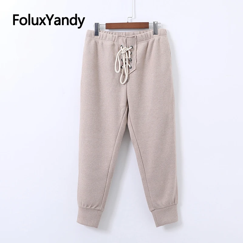 

New Autumn Winter Pants Women Plus Size Trousers Loose Lace Up Elastic Waist Casual Harem Pants Knitted KKFY4246