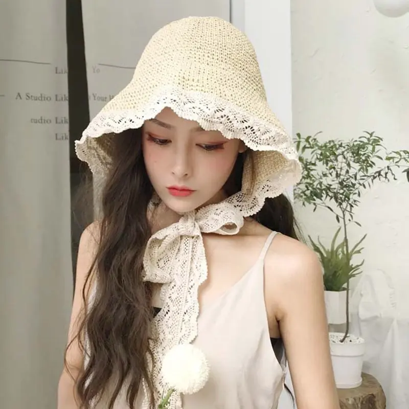 Женская летняя шляпа принцессы соломенная кружевная крышка ремня шляпа от солнца Панама - Цвет: Бежевый