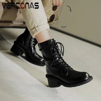 

VERCONAS Fashion Women Ankle Boots Autumn Winter Cross-Tied High Heels Shoes Woman Genuine Leather Casual Zipper Martin Boots