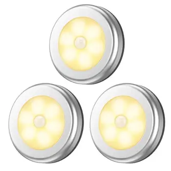 

6led warm cold Night Light AAA Box PIR Motion Induction Light Round Lamp Ice Hockey Lamp Cabinet Lamp Wall Staircase White Lamp