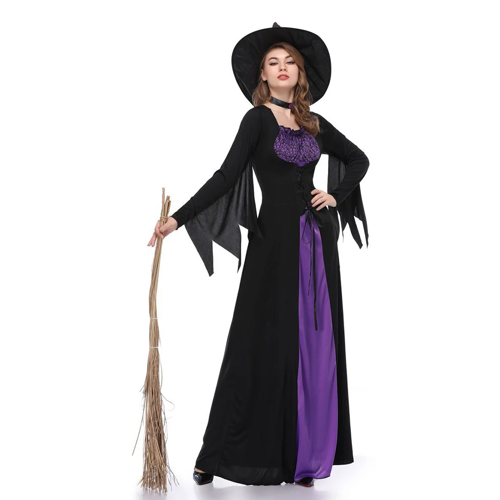 

2019 New Women Black Purple Witch Dress Sorceress Cosplay Adult Halloween Party Costume