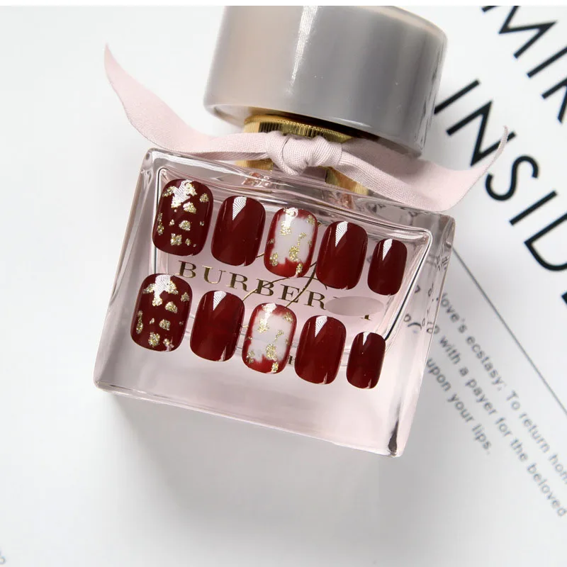 

24pcs Elegant Wine Red Edge Gold Foil Bloom Finished Fake Nails with Glue Short Size Full Nail Tips Patch Lady Finger Art Tool