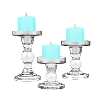 

ABUI-Clear Glass Candle Holders Set Of 3 for Pillar Taper and Tealight Candles, Perfect Decoration Candlesticks Set