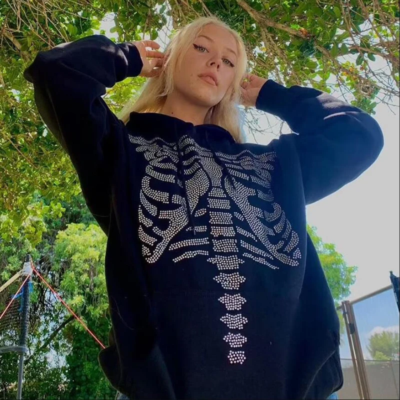 Y2k Skull Rhinestone Hoodie - Grunge Skeleton Y2k Hoodie - Hoodies &  Sweatshirts - AliExpress