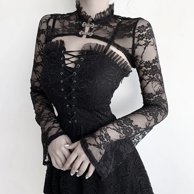 Black Punk Women Short Lace Blouse 2020 Lady Palace Tight Flare Sleeve Stand Neck Sexy Gothic Full Transparent Double Breasted