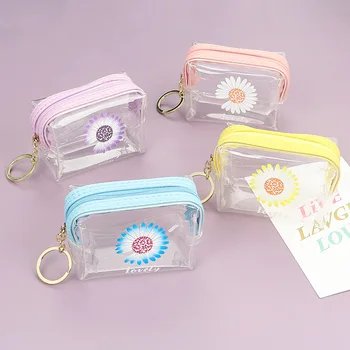 

Korean-style Little Daisy Fashion Purse Transparent Zipper Square Mini Storgage Bag PVC Waterproof kou hong bao Wholesale