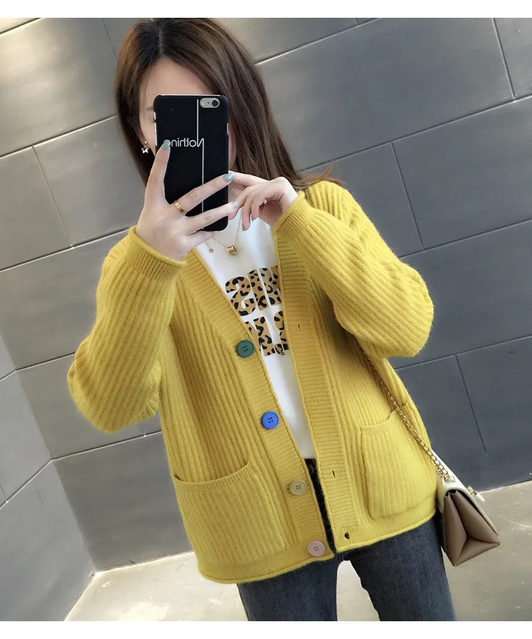 Корейский женский свитер кардиган двойной карман дизайн Женский вязаный кардиган, вязаный свитер осень зима топы NS4366