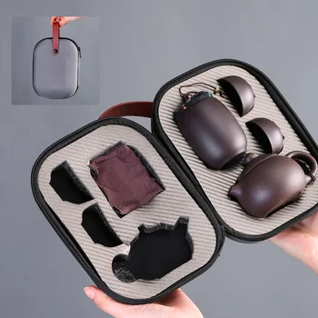 

Travel tea set portable bag fast passenger cup a pot two cups purple sand kung fu travel teapot gift LB10291