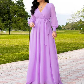

Autumn Long Sleeve Chiffon Dress Elegant Fashion Sexy Tunic Lace Up Solid Purple Maxi Vestido Women Long Dresses Office Party