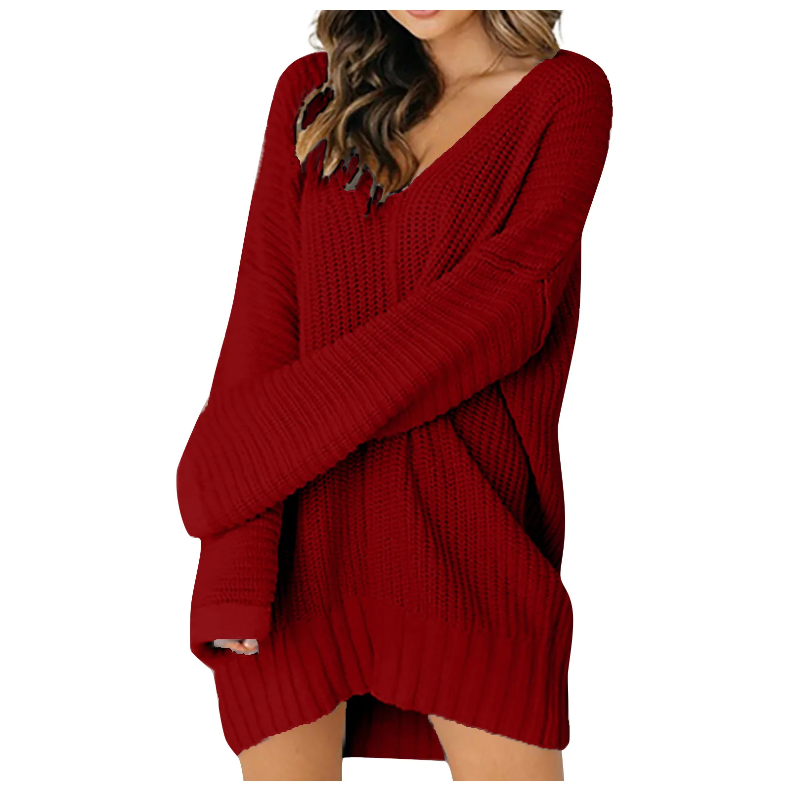 Women Fashion Pullover Dress Vintage Solid Color Loose V-neck Stitching Sweater Dress Long-sleeved Knitted Vestido Autumn Winter 1