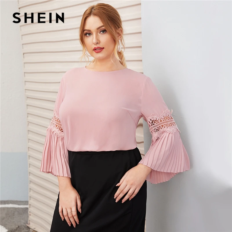 

SHEIN Plus Size Pink Keyhole Back Lace Insert Pleated Sleeve Top Women Autumn Round Neck Solid Elegant Office Lady Plus Blouses