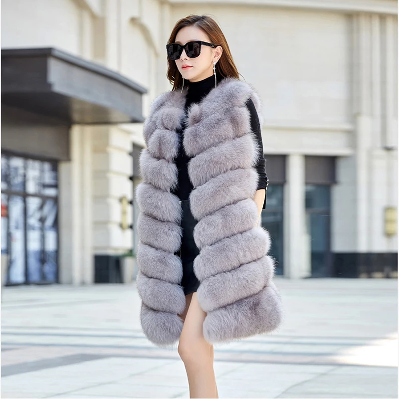 Женский Длинный жилет из натурального Лисьего меха в полоску rf0042|blue fox fur coat|women real