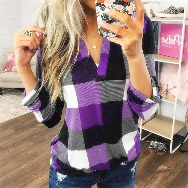 purple Женские блузки, рубашки размера плюс, осенние свободные топы с длинным рукавом и v-образным вырезом, элегантные женские офисные блузки, женские клетчатые топы и блузки - Цвет: purple