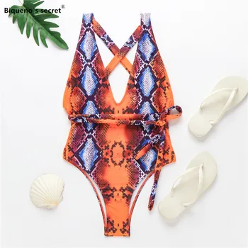 

Snakeskin Sexy Girls One-Piece Swimsuits 2020 Deep V Bandage Monokini Beachwear Belted Swimwear Women Summer Bikini Bathing suit
