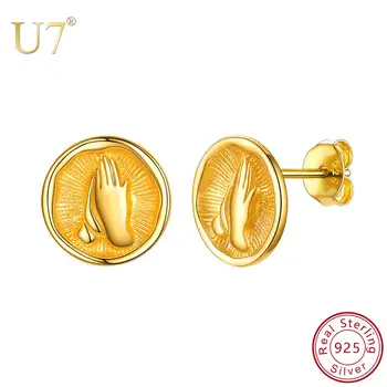 

U7 925 Sterling Silver Prayer Hand Round Religious Praying Earrings For Women Personalized Summer Ear Jewelry Girls Gift SC290