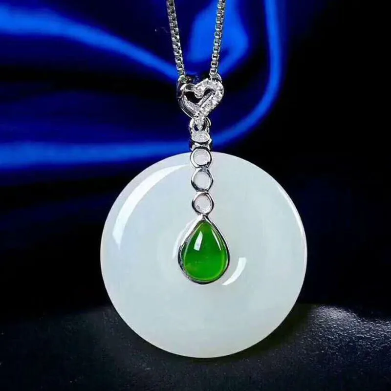 

S925 Sterling Silver Inlaid Natural Hetian White Jade Safe Buckle, Delicate Jade, Emerald Green Embellishment Pendant