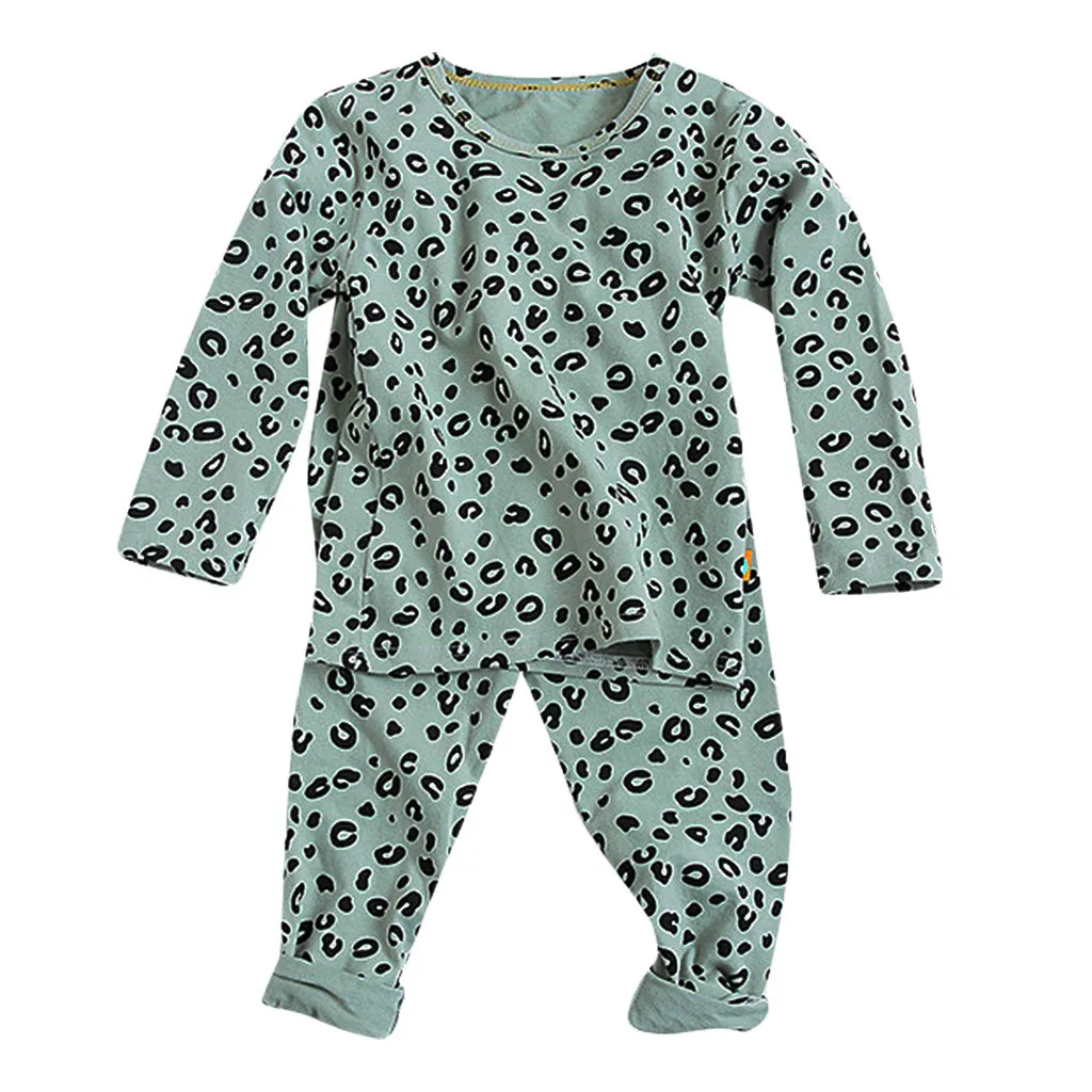 Длинный рукав хлопок пижамы Дети Малыш Дети ребенок девушки с длинным рукавом Топы леопардовые брюки пижамы одежда для сна# C - Цвет: Зеленый
