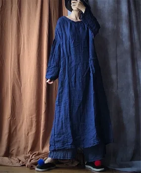 

Original washed pure linen raw collar embroidered dress for women spring and autumn new Zen relaxed Robe