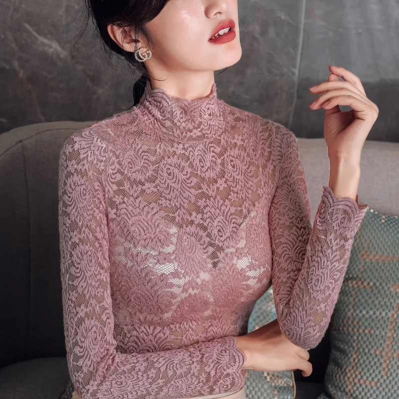 pink not piner Высокое качество, кружевная женская блузка, розовый, черный, бежевый цвет, одноцветная, тонкая, сексуальная, Цветочный, с высоким воротом, для офиса, леди, подходит ко всему, рубашки на пуговицах, топы - Цвет: pink not piner