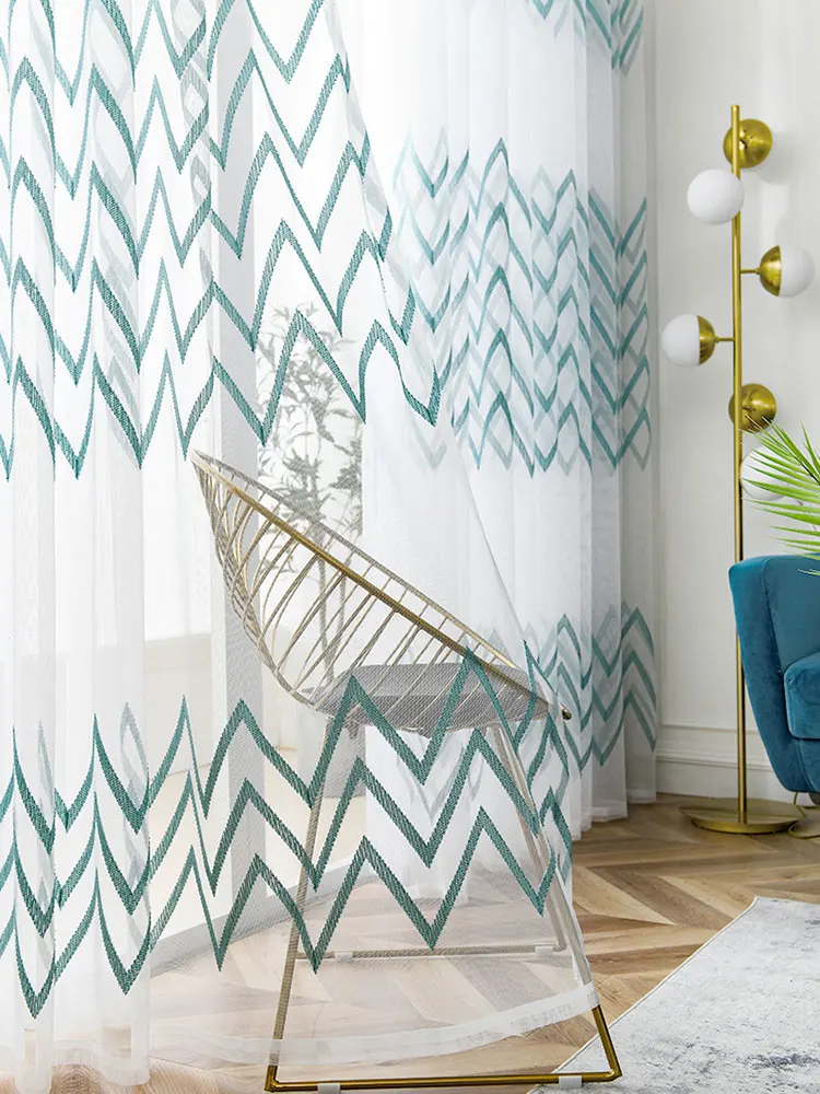 Korean Geometry Pattern Tulle Window Curtain for Living Room, Embroidered Sheer Voile Curtains, Bedroom Treatments, Drape Blind 5