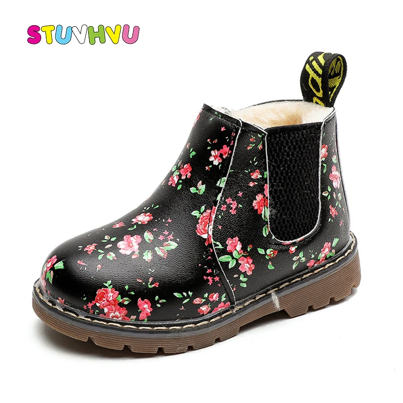 

2019 Winter Children's Martin Boots Fashion Leather Flower Girls Princess Boots Non-slip Waterproof Plus Velvet Warm Kids Boots