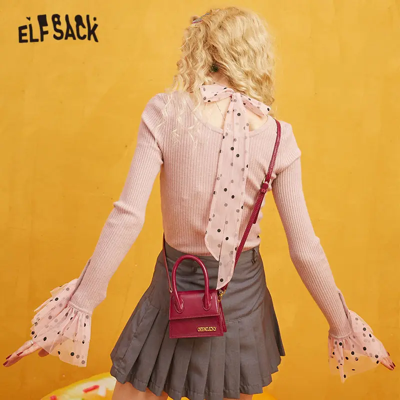 ELFSACK, черный и розовый женский свитер на шнуровке с бантом, осень, женский свитер-платье в стиле пэчворк с рукавами-воланами