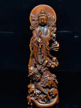

wedding decoration 7" Chinese Boxwood Seikos Wood Carving Avalokiteśvara statue Bodhisattva Avalokitasvara wood carving