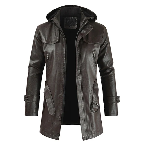 Мужская куртка из искусственной кожи с капюшоном, облегающая кожаная одежда для мужчин - Цвет: Dark Brown