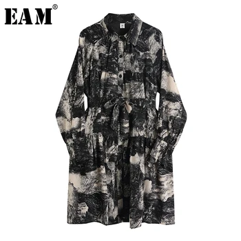 

[EAM] Women Black Pattern Printed Temperament Shirt Dress New Lapel Long Sleeve Loose Fit Fashion Tide Spring Autumn 2020 1S384