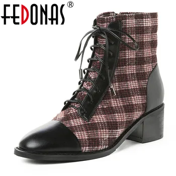 

FEDONAS Gingham Women Ankle Boots Vintage Autumn Winter Riding Boots Genuine Leather Casual Shoes Woman High Heeled Basic Shoes